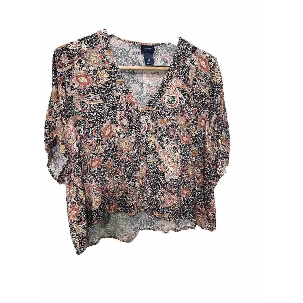 Daytrip Size M Sheer Patterned Filmy V Neck Boho Top